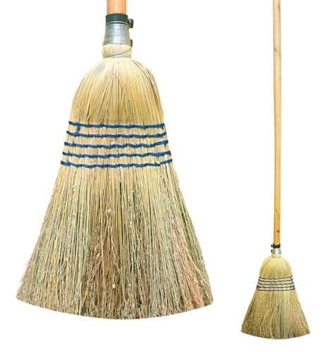 Image of Traditional Corn Broom with 100% Natural Straw Bristles - Outdoor Broom for Horse Stables, Farm Yards, Gardens, and Workplaces - 120cm Wooden Handle, No Need to Bend Broom
