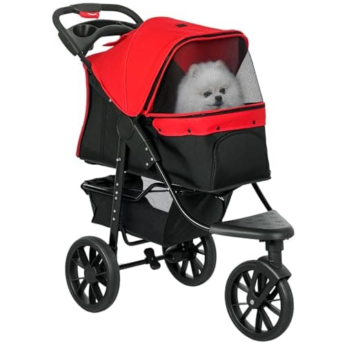 Image of PawHut Dog Stroller Foldable Pet Pram, 3 Wheels Dog Pushchair with Brake, for Small Miniature Breeds, Cats, Red