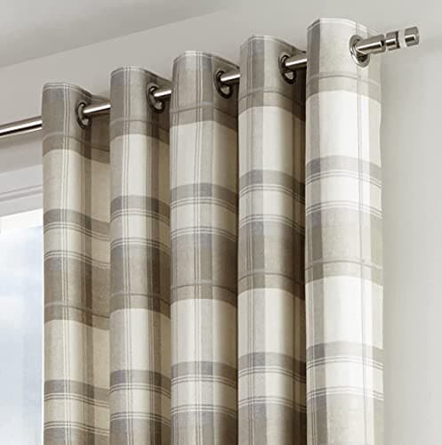 Image of Fusion - Balmoral Check - 100 Percent Cotton Pair of Eyelet Curtains - 46" Width x 54" Drop (117 x 137cm) in Natural, Nautral