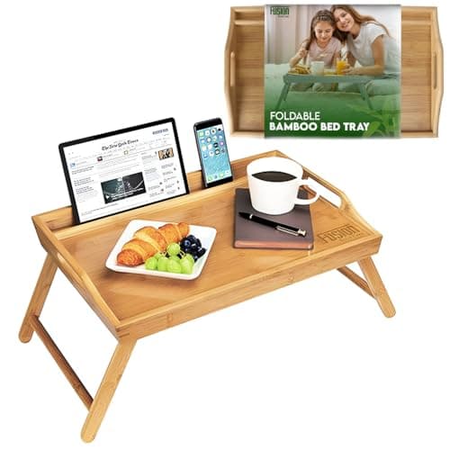 Image of Fusion Food Bed Tray Table with Folding Legs – Made from Organic Bamboo & MDF | Secure Surface with Built-in Side Handles | Lap Tray Ideal for Eating, Reading & Working on Beds & Sofas