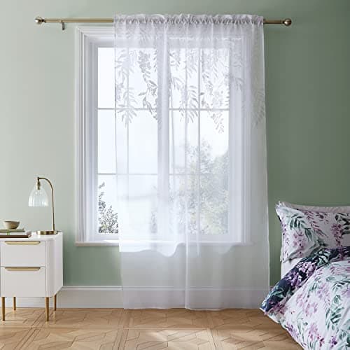 Image of Catherine Lansfield Living Wisteria Floral 55x48 Inch Slot Top Curtain Panel White