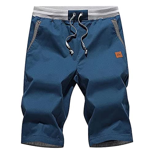 Image of ZOXOZ Mens Shorts Summer Casual Shorts Cotton with Pockets Elastic Waist Drawstring Peacock Blue S