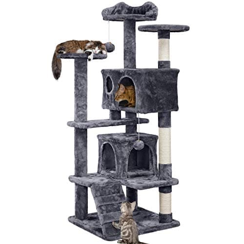 Image of Yaheetech 138.5cm Cat Tree Tower Scratching Posts Multilevel Cat Climbing House with Condos & Ladder Pet Activity Centre for Indoor Kittens, Dark Grey