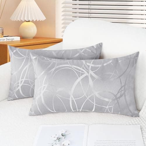 Image of CaliTime Cushion Cover Pack of 2 Bowls for Couch Sofa Home Decoration Modern Shiny and Matt Contrast Circles Rings Geometric 30 cm x 50 cm Silver Grey