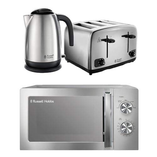 Image of Russell Hobbs Classics Brushed Stainless Steel Kitchen Set, 1.7L 3000W Kettle, 4 Slice Toaster with Variable Browning Levels & 20L 800W Microwave with 5 Power Levels, CLCSBNDL4BR