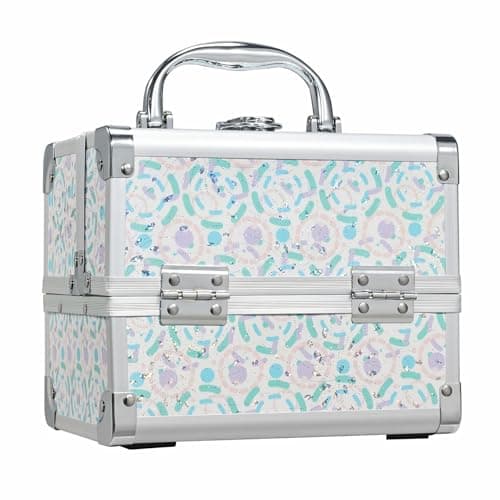 Image of Joligrace Vanity Case Makeup Organiser Box Beauty Case Nail Polish Organiser Box Make Up Case with Mirror, 2 Trays, Lockable, Size: 19.5 x 15 x 16cm (Purple Firework)