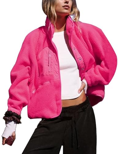 Image of APAFES Women's Cropped Sherpa Lined Fleece Jacket Winter Warm Button Down Fuzzy Coats Shacket Outerwear with Pockets, Rose Red, L