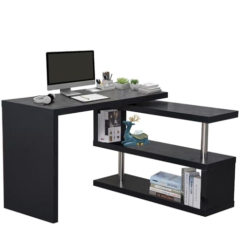 Image of HOMCOM 360° Rotating L-Shaped Corner Computer Desk Home Office Writing Table Swivel Workstation with Storage Shelf, Black