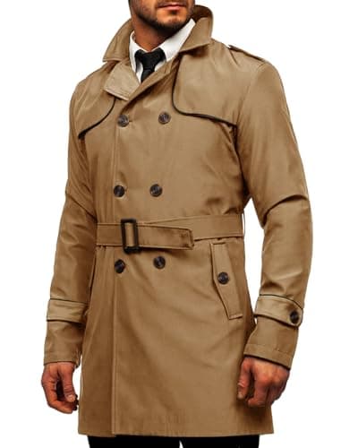 Image of Runcati Trench Coat Men's Slim Fit Double Breasted Coat Medium Length Classic Business Casual Coat Autumn Windproof Coat, brown, M