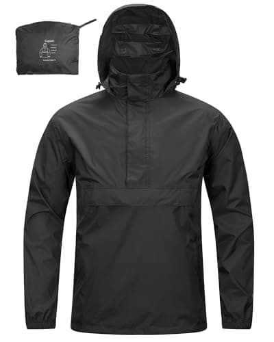 Image of 33,000ft Men's Rain Jacket with Hood Lightweight Waterproof Pullover Packable Raincoat Windbreaker Breathable For Outdoor Camping Hiking Riding, Black L
