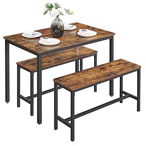 Image of Vasagle KDT070B01 Dining Table with 2 Benches, Set of 3, Kitchen Table 70 x 110 x 75 cm, 2 Benches Each 30 x 97 x 50 cm, Steel Frame, Vintage Brown Ink Black