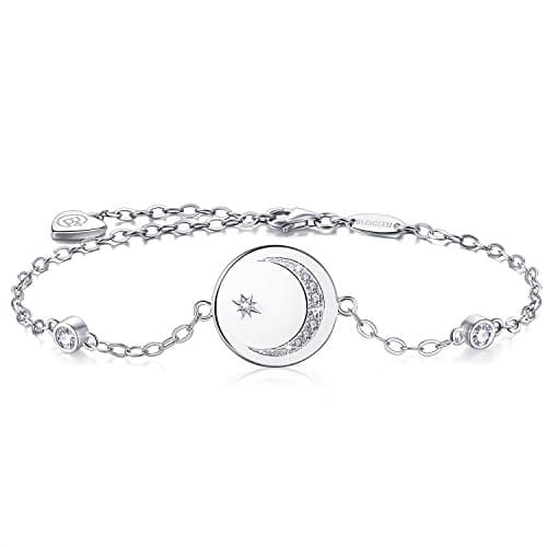 Image of BlingGem Women 18ct White Gold Plated 925 Sterling Silver Round Cubic Zirconia Crescent Moon and Star Bracelet Chain Adjustable