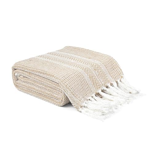 Image of EHC Cross-stitch Pattern Throw Blanket, Handwoven Cotton Throws for Sofas Bed Sofa Settee Couch Reversible Bed Cover Over Bedspread, Single, 125 x 150 cm, Beige
