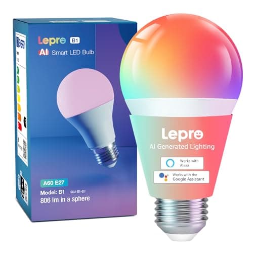 Image of Lepro AI Smart Bulb E27, Music Sync WiFi Bulb, Voice Control Smart Screw Bulb, Colour Changing Light Bulbs, RGBCCT, Work with Alexa & Google Assistant, Personalized AI Lighting Designer