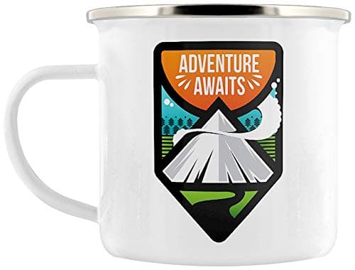 Image of Grindstore Adventure Awaits Enamel Mug for Tea or Coffee White 8cm