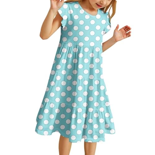 Image of Flutter Sleeve Midi Dress Kids Girls 6-15 Years Trendy Summer Polka Dot Dress Teenager Girls Round Neck Ruffle Cute Elegant Party School Casual Vacation Comfortable Playwear (Blue, 6-7 Years)