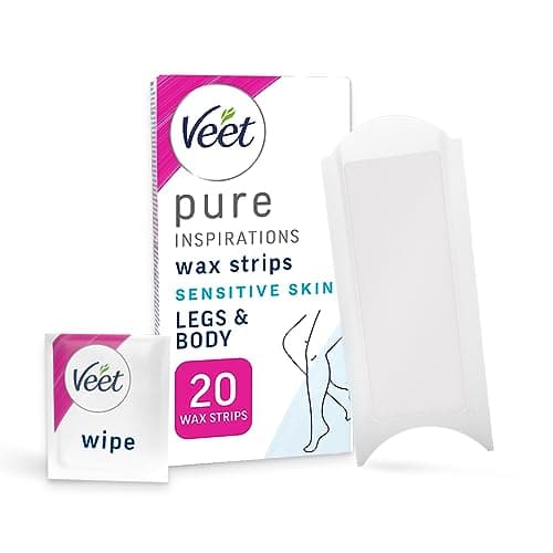 Image of Veet Pure Cold Wax Strips For Legs & Body, Sensitive Skin, 20 Count + 2 Finish Wipes, Hypoallergenic Hair Removal, 28 Days Smoothness, Removes From Root (Packaging Varies)