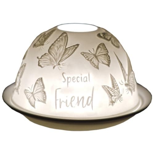 Image of Cello Porcelain Tealight Holder Dome - Special Friend Butterfly Design with 3D Projection & Loving Message for Scented Unscented Tealights & LED Candle Wax Warmer Mom Easter Women Gifts Ornament Home