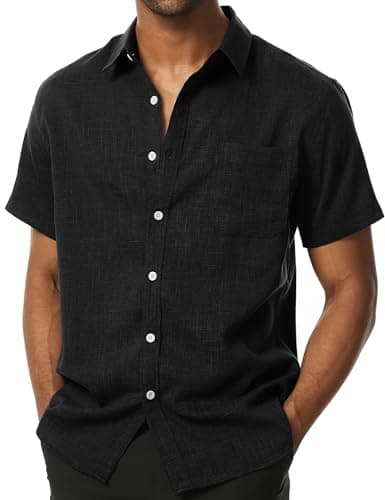 Image of PARKLEES Men's Summer Casual Cotton Linen Regular Fit Short Sleeve Shirt Vacation Fashion Button Down Shirt with Pockets Black XXX-Large