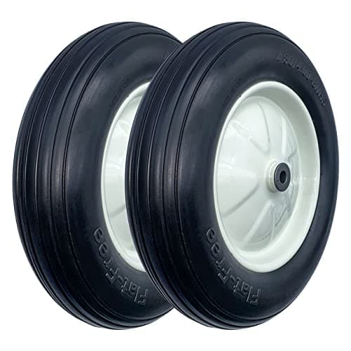 Image of MerryYard Pack of 2 1.9/4-8" Flat Tyre on Wheel, 16" Universal Wheelbarrow Tyre, 3" Center Hub with 3/4" Bearing, Steel Rim, Ribbed Tread, Wheelbarrow