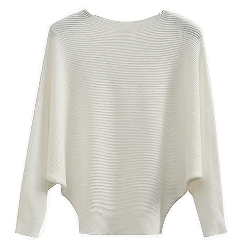 Image of Women's Sweater Off Shoulder Batwing Sleeve Loose Pullover Solid Sweater Knit Jumper Tops White