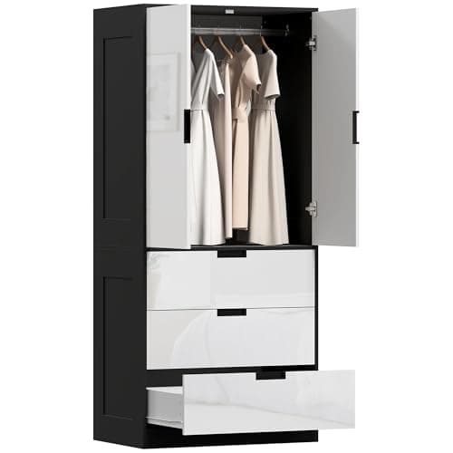Image of HOMCOM 2 Door Wardrobe White Wardrobe with 3 Drawer and Hanging Rod for Bedroom