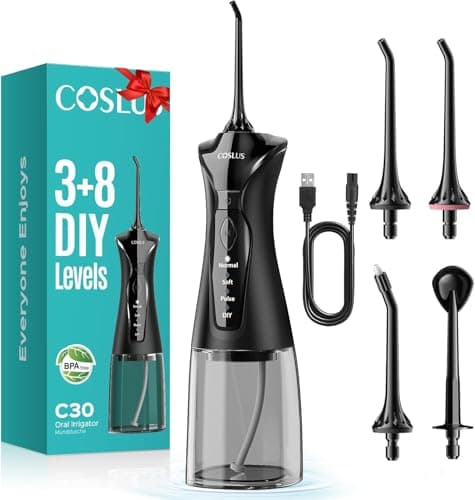 Image of COSLUS Water Teeth Flosser Picks: 4 Modes Cordless Irrigator 300ML Portable Electric Flossing Machinerie for Teeth Cleaning Rechargeable Waterproof Tooth Pick Set Cleaner for Travel Home C30(FC5360)