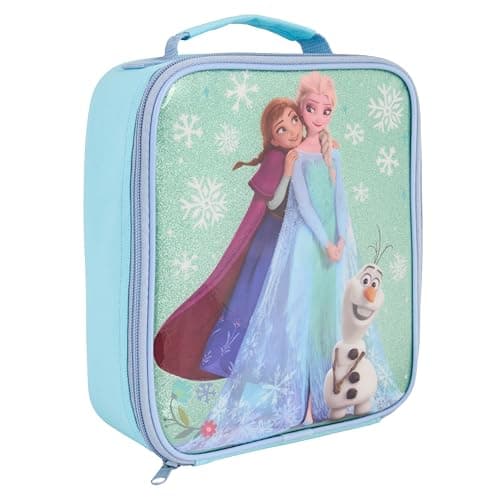 Image of Disney Frozen Insulated Lunch Bag with Anna, Elsa and Olaf, Blue, Wipe Clean Antibacterial Lining, for School and Travel