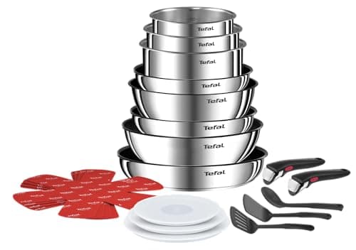 Image of Tefal Ingenio Detachable Handle Pan 20pcs, Stainless Steel, compact, compatible with all hobs induction & oven, 2-in-1 pans and bakeware set, stackable cookware Set ideal for small kitchen storages