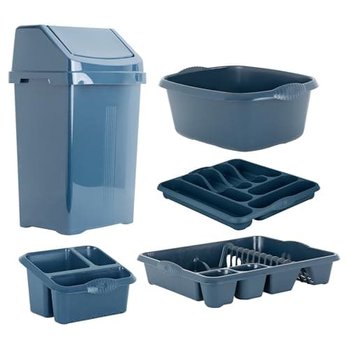 Image of M1SS Midnight Navy 5 Piece Kitchen Organisation Set with 50L Swing Lid Bin, Washing Up Bowl, Dish Drainer Rack, Cutlery Organiser & Sink Tidy | Space Saving Plastic Kitchen Storage Accessories