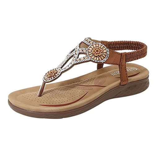 Image of Women Comfort Extra Wide Fit Flat Sandals Shoes Women Sandals Comfort With Elastic Ankle Strap Casual Beach Shoes Open Toe Tan Wedge Sandal Ladies Size 8 Wide Fit (Brown, 6)