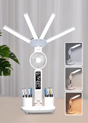Image of niccryle Led Desk Lamp with Fan Night Light with Clock, Adjustable Foldable Table Lamp with Pen Holder, 3 Brightness Levels, USB Charging Port