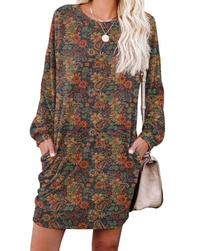 Image of PrinStory Women Jumper Dress Long Sleeve Winter Dresses Casual Loose Mini Dresses Knitted Pullover Sweater Tunic Tops Basic Dress With Side Pockets UK Size 14-16 (Cashew Navy, L)