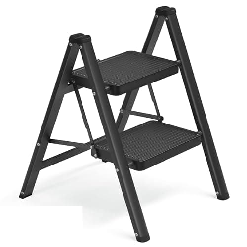 Image of SONGMICS Step Ladder, Folding Step Stool, 2-Step Foldable Ladder, Holds up to 150 kg, Steel, Heavy-Duty, Easy Storage for Home and Office, 55 x 43.4 x 61.8 cm, Black GSL102BZ01