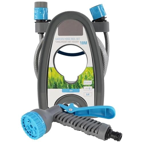 Image of GEEZY Garden Hose Reel Set - 10m Hose Pipe with 7-Function Spray Gun, Reel & Connectors - Suitable for Lawn, Garden, Balcony, Terrace - 3/8" Inside Diameter, Blue
