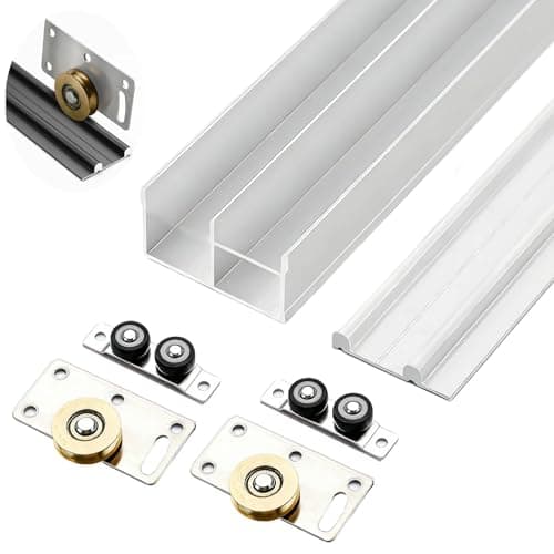 Image of Sliding Barn Door Double Track for 2 Doors, Cabinet Pocket Door Rail Hardware Set and Rollers, Aluminum Box Rail Door Guide for Kitchen(White,92cm/36.2in)