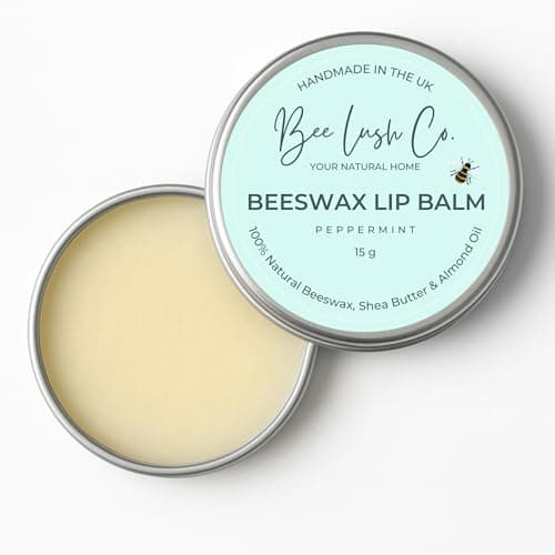 Image of BeeLushCo Lip Balm, Essential Oil Lipbalm 100% Natural Beeswax, Shea Butter, Almond Oil, Organic, Plastic Free, Moisturising & Reviving, Cold Sore Prevention,15g, Handmade in the UK (15g, Peppermint)