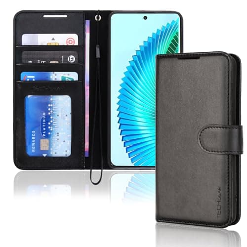 Image of TECHGEAR Leather Wallet Case for Honor Magic 6 Lite 5G, Flip Book Protective Case Cover [RFID BLOCKING] with Wallet Card Holder, Stand and Wrist Strap - Black PU Leather with Magnetic Closure