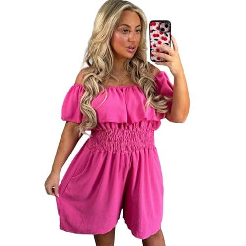 Image of Women’s Off Shoulder Frill Rara Bardot Magic Side Pockets Mini Dress Ladies Shirred Slinky Stretch Elasticated Waist Chiffon Flowy Leg Holiday Summer Playsuit Plus Size (Fuchsia , UK 12-24)