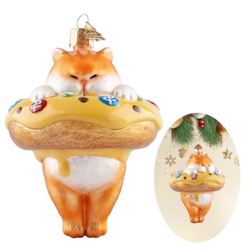 Image of HZYC Cat Christmas Tree Ornaments,Hand-Blown Glass Ornaments,Cat Collection Hanging Glass Baubles,Donut Pendant Ornament,Glass Christmas Decorations for Animal Lovers Holiday Party Home Gifts