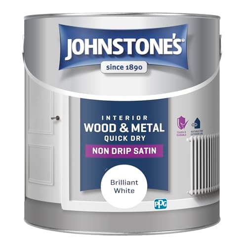 Image of Johnstone's - Wood & Metal Paint - Satin Finish - Brilliant White - 2.5L - Water Based - Non Drip & Quick Drying - Radiator Paint - Low Odour - Dry in 1-2 Hours - 8m2 Coverage per Litre