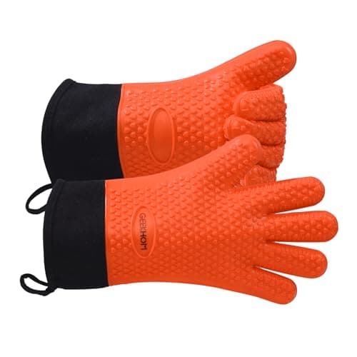 Image of GEEKHOM Silicone Oven Gloves Heat Resistant Silicone Oven Mitts BBQ Gloves Waterproof Kitchen Gloves for Barbecue Grilling Weber Microwave, Non-Slip Oven Gloves with Fingers, Orange