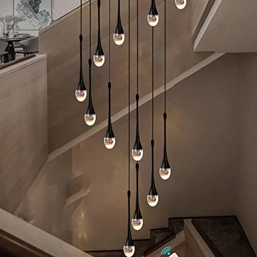 Image of 12-Light Black Raindrop Crystal Pendant Chandeliers 120''/305cm High Ceiling foyers Entrance Chandeliers Staircase Long Pendant Light Big Crystal Bubble 3000-6000K Dimmbale LED Lighting fixtures
