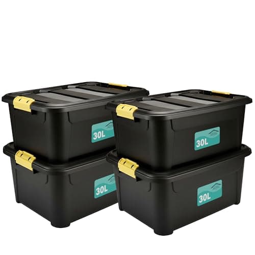 Image of Pack Of 4 Plastic Storage Boxes Black, Heavy Duty Multi-Purpose Indoor & Outdoor Stackable Strong Container Lid Yellow Lock Clip Handles Home, Office School Arts & Crafts Nestable (30 Litre)