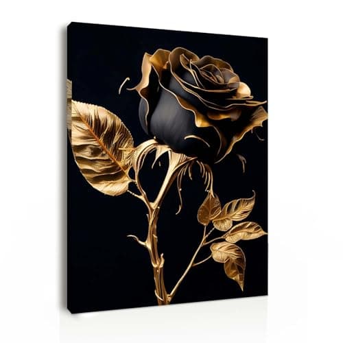 Image of Galmcook Framed Canvas Wall Art 12x16 Inch Black and Gold Rose Modern Artwork Elegant Floral Wall Canvas for Living Room Bedroom Hallway Wall Decoration Prints with Hooks Magic Tape and Nails