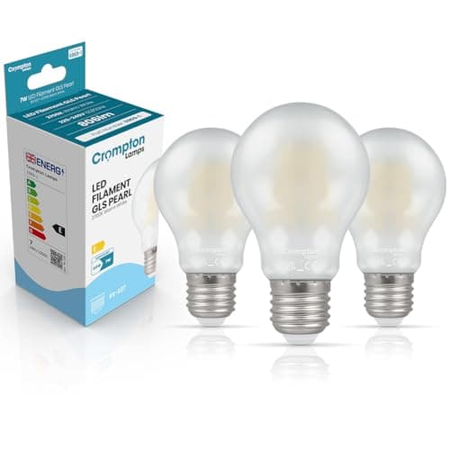 Image of Crompton Lamps Filament GLS LED Light Bulb ES-E27 | 7W = 60W Equivalent | Warm White 2700K | Energy Efficient | Edison Screw Lightbulb | Long Life 10,000-Hrs | Pearl Glass | Dimmable | 3-Pack