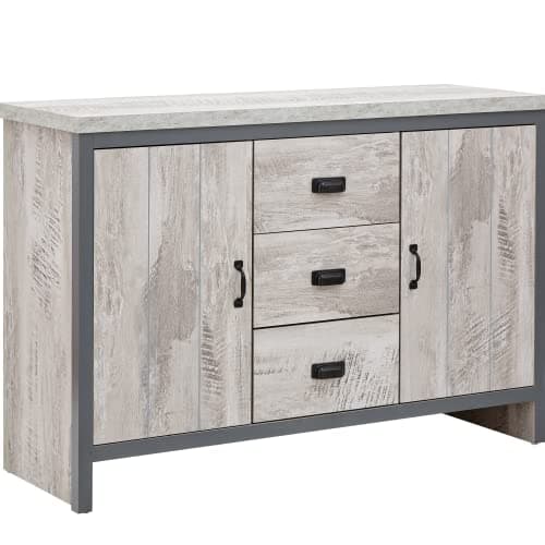 Image of GFW Boston Sideboard Unit With 3 Storage Drawers & 2 Door Storage Cabinets & Adjustable shelves, Contemporary Grey Wooden Oak Sideboards For Living room, Kitchen, Bathroom, 113W x 39D x 74.6H cm