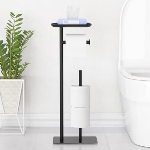 Image of Free-Standing Toilet Roll Holder with Top Shelf, Holds 4 Rolls, Stainless Steel Bathroom Toilet Paper Dispenser