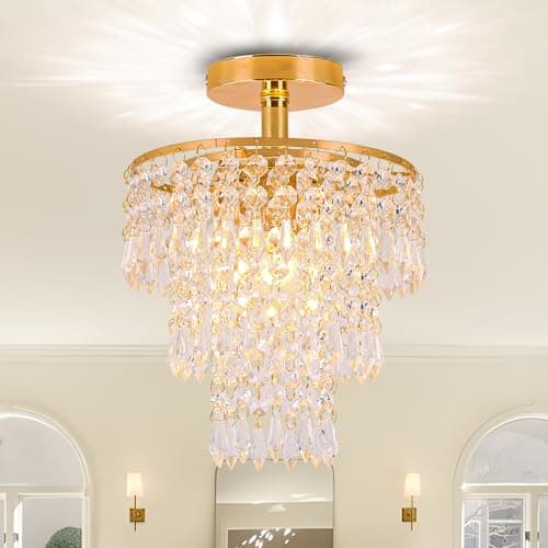 Image of FRIXCHUR Mini Crystal Chandelier Ceiling Light Fitting Hallway Lights Ceiling Light 3 Tiers Crystal Raindrop Chandelier for Bedroom Living Room Dining Room (Gold)