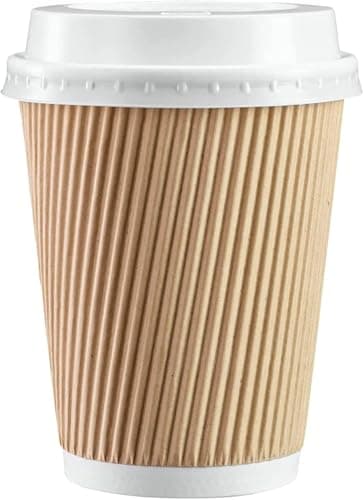 Image of We Can Source It Ltd - 100 x 12oz Ripple Brown Kraft Paper Cups with White Lids - Strong 3-PLY Disposable Insulated Coffee Cups - Drinking Cups for Hot Drinks, Tea, Coffee and Beverages